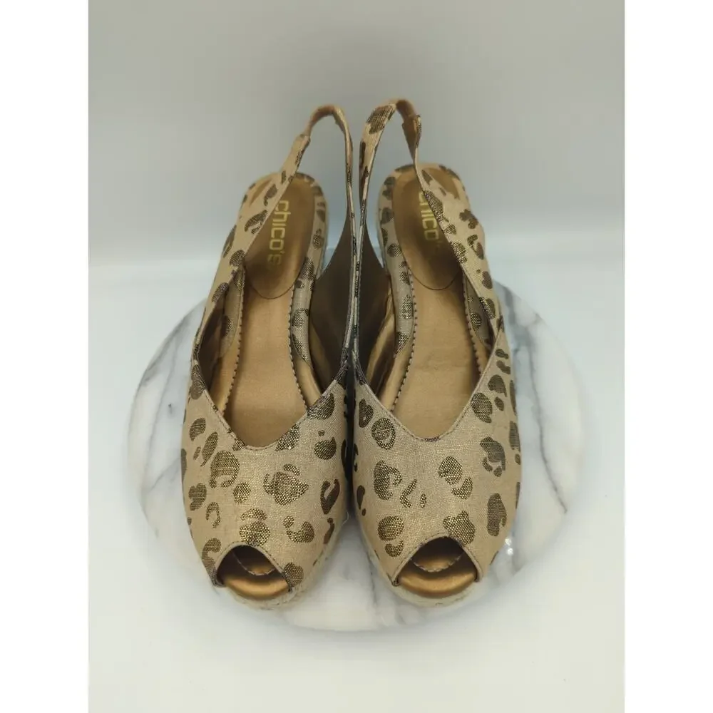 Chico’s Wedge 10 Metallic Animal Print‎ Leopard Peep Toe Slingback Espadrilles